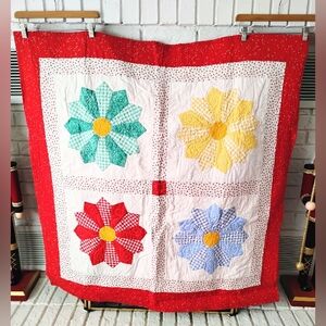 Floral Patchwork Quilt with Red Border